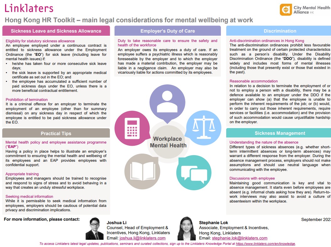 <p>Sep 2023: Hong Kong HR Toolkit – Main Legal Considerations for Mental Well-Being at Work</p>
